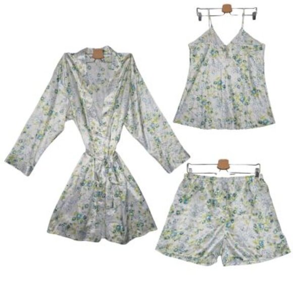 Bed of Roses Satin Lingerie Matching Robe Camisole & Short Blue Roses - Picture 2 of 10